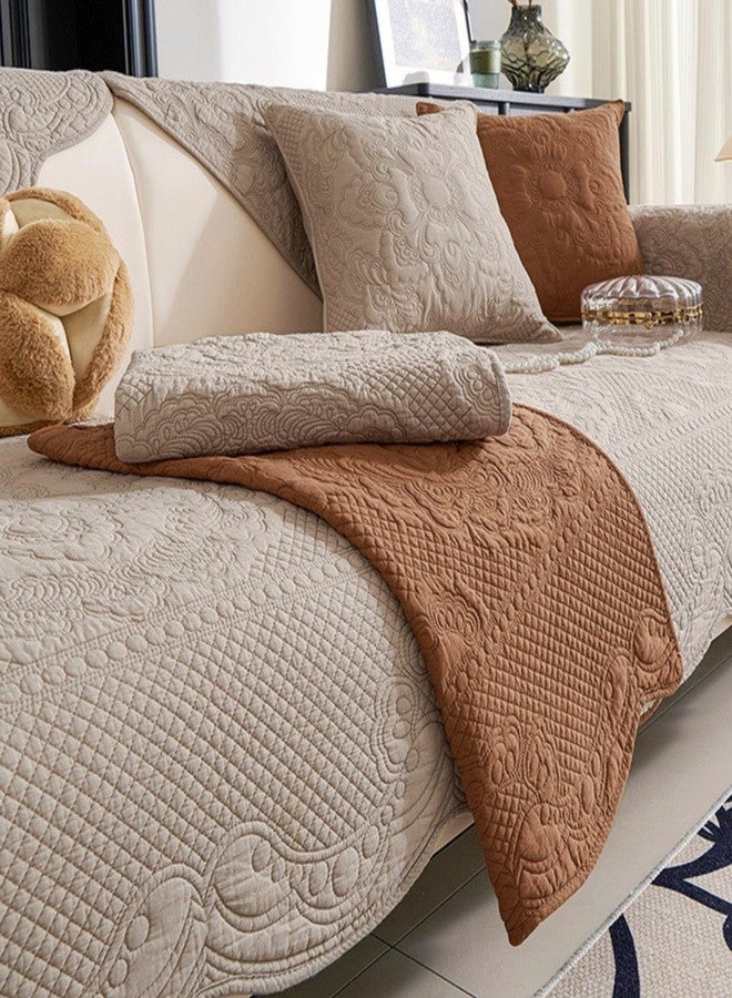 Huierxun Luxury Vintage Cotton Embroidery Sofa Cover Soft Farmhouse Seat Cushion Cover Floral Quilted Sectional Couch Cover Anti-Slip Sofa Slipcovers Furniture Protector for Dogs Cats (Khaki,28"x28") - Image 2